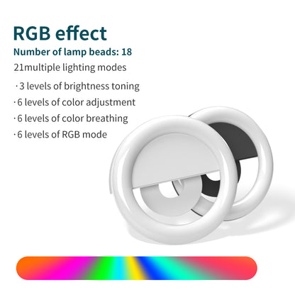 RGB Selfie Ring Light, 21 Light Mode Adjustments, Rechargeable Selfie Fill Light with Clip, Suitable for Mobile phone photography, live broadcast, creative video and makeup, etc.