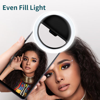 Selfie Ring Light, 3 levels of white light brightness adjustable, Rechargeable Selfie Fill Light with Clip, suitable for Mobile Phone Photography, Live Broadcast, Creative Video and Makeup, etc.