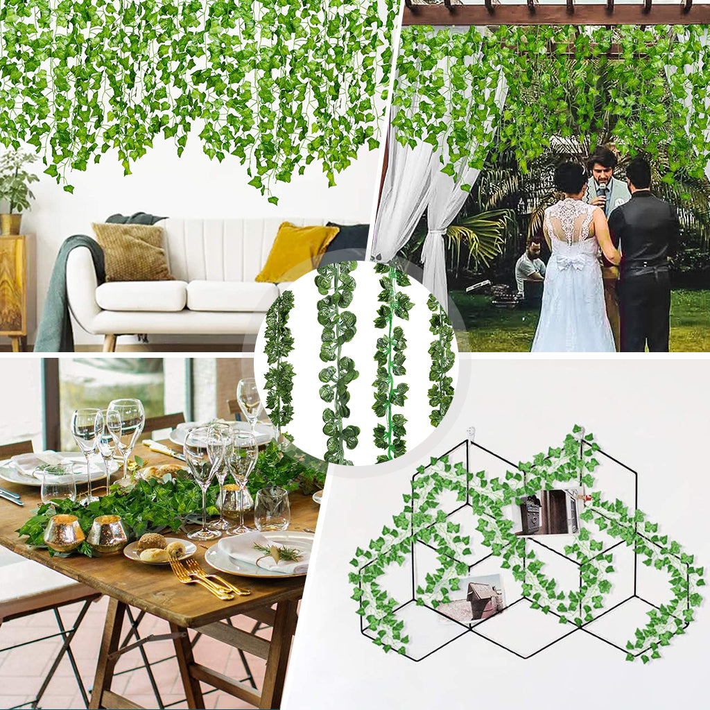 4 Kinds of Artificial Rattan Green Plant Garland, 12 Strands Each 7.2ft Simulation Vines, Hanging Plant Backdrop for Garden, Room, Bedroom Wall Decoration, Green Leaves for Jungle Themed Parties, and Wedding Decoration