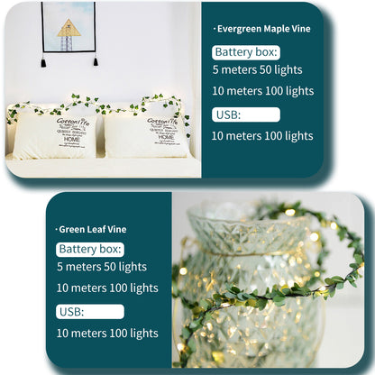 Green Leaf Vine LED Copper Wire Maple Leaf Decorative Lights, Artificial Ivy with LED Copper Wire String Lights, Suitable for Wedding Party, Garden, Outdoor, Green Wall Decoration