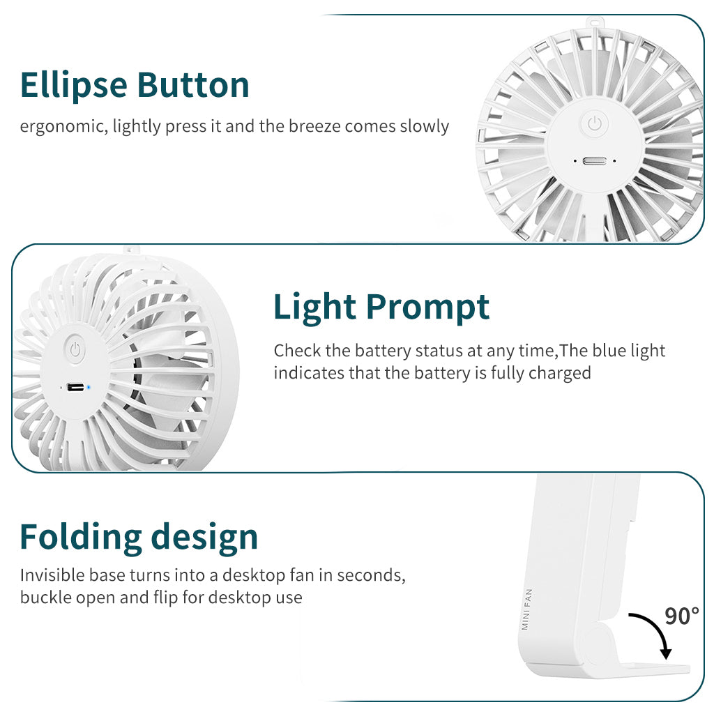 Handheld Fan, USB Charging 3-Speed Portable Handheld Fan, Mobile Desktop Fan with Tether and Base, Battery-Operated Fan for Travel, Outdoor, Indoor, Makeup, and Office Use.