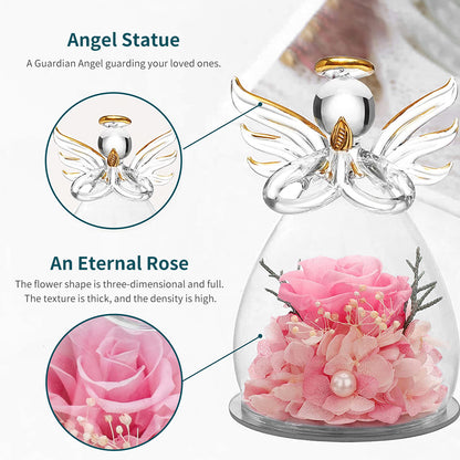 Glass Angel Statue Rose Gift, Perfect Gift for Mom, Grandma, Wife, on Valentine's Day Mother's Day, Thanksgiving Day, Christmas, Anniversary(Multi-colors Available)