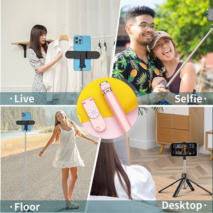 Selfie Stick with QuadroPod, Selfie Stick with 2 Fill Lights, Expandable 51 inches Travel QuadroPod, Wireless Bluetooth Selfie Stick, Perfect for Selfie/Live Broadcasting. Available in Black and Pink.