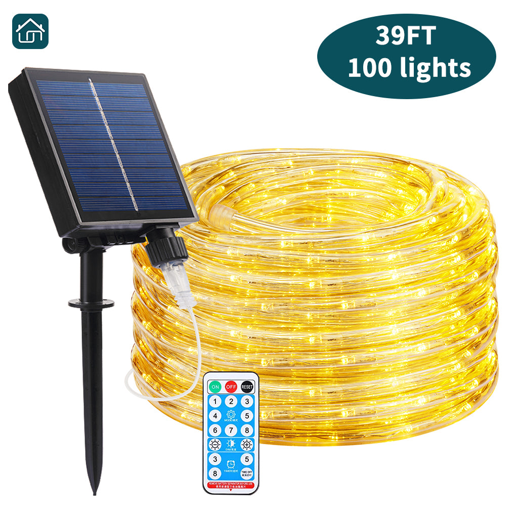 LED Outdoor Waterproof Rope Lights, Solar Tube Lights, Fairy Lights 39ft 100 LEDs/72ft 200 LEDs 8 Modes, Used for Deck, Yard, Swimming Pool, Camping, Bedroom Decoration, Landscape Lighting, etc. (Warm White and Multi-color Optional).