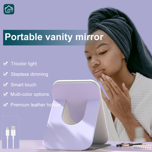 Rechargeable Travel Lighted Makeup Mirror with PU Leather Case, Portable Travel Makeup Mirror with Light, Three Color Lighting, Dimmable Touch Sensor, Foldable Flat Makeup Mirror(Multi-Colored)