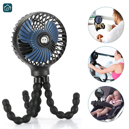 Mini Handheld Personal Portable Fan, Baby Stroller Fan, Treadmill Fan, USB or Battery Powered, with Flexible Tripod Clip-on Bed, Student Desk, Bike, Crib Camping, and Traveling (Black)