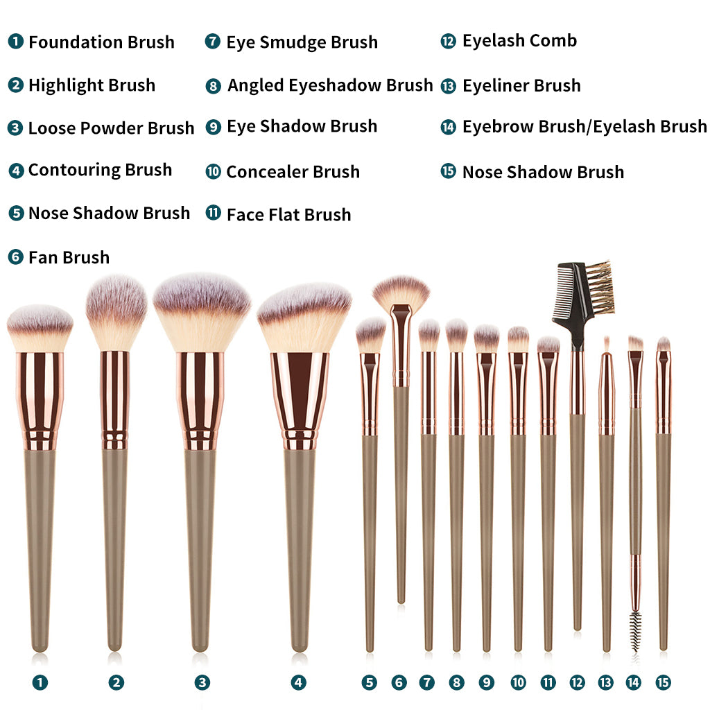 Makeup Brush Set 15pcs Advanced Synthetic Foundation Powder Concealer Eyeshadow Blush Makeup Brushes with a free beautiful Pu leather case (Available in Champagne and Brown Colors)