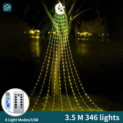 Christmas Outdoor Decorative Lights, LED Symphony Moon Pentagram Waterfall Light String, Suitable for Courtyard, Wedding, Party, Christmas, and other Occasions