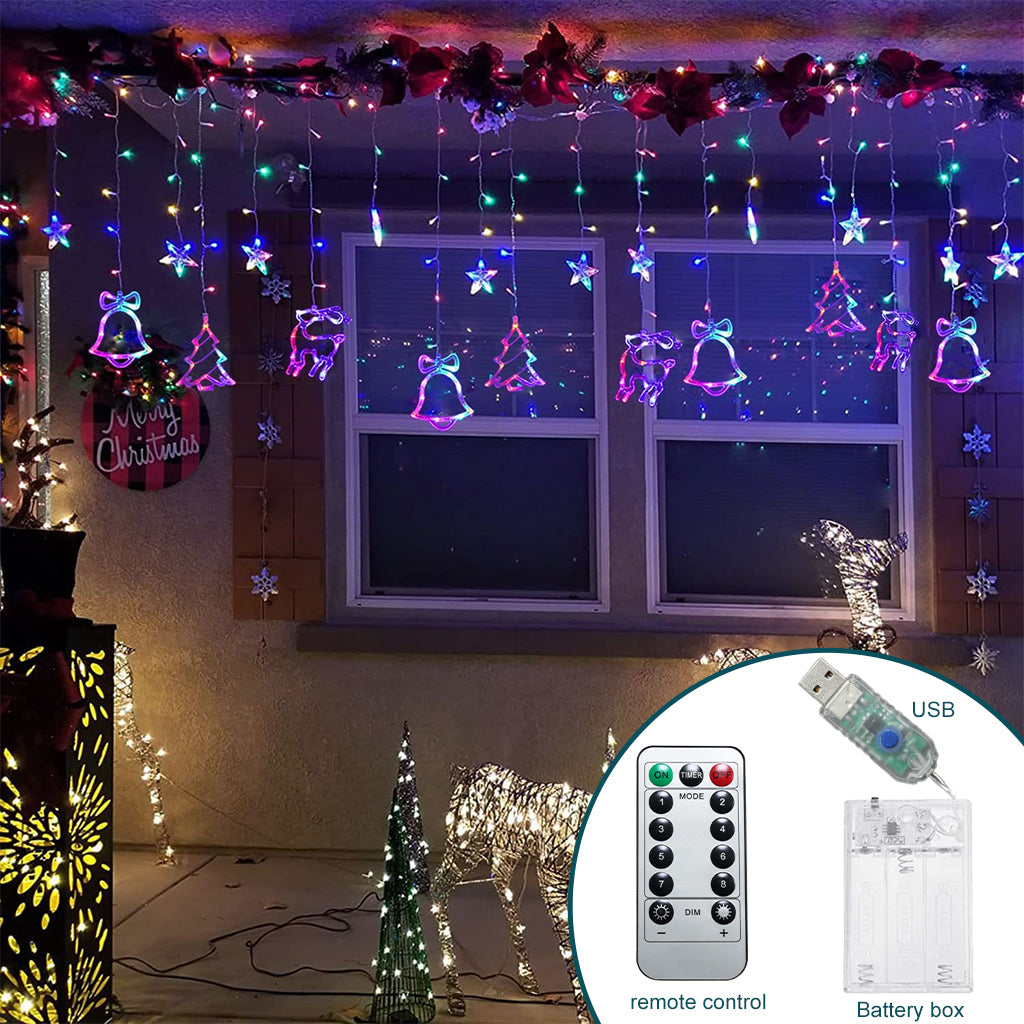 LED Christmas Ornaments Curtain Lights, 138 LED Star Jingle Bell Elk Christmas Tree Window Lights 8 Mode Fairy Curtain String Lights for Home, Bedroom, Wedding Party Decoration, Warm/White Multicolor 2 Color Optional