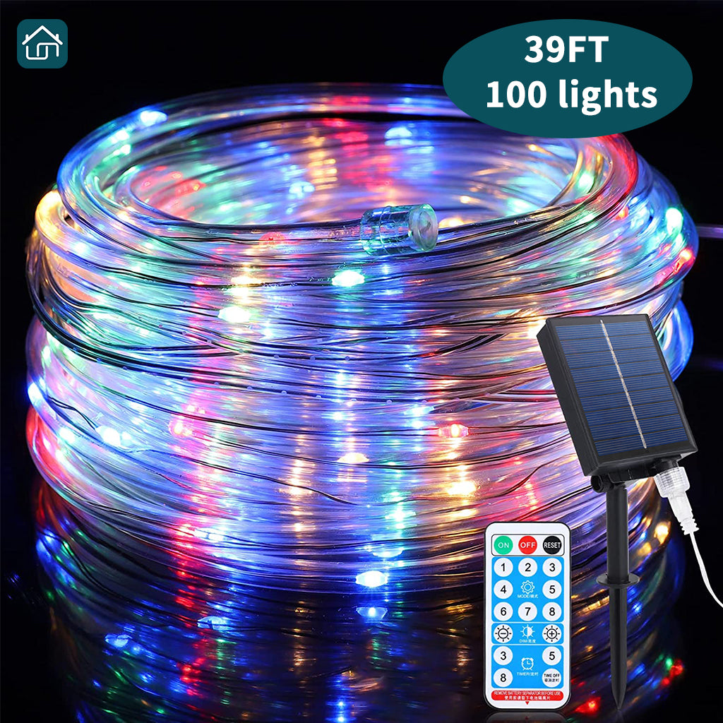LED Outdoor Waterproof Rope Lights, Solar Tube Lights, Fairy Lights 39ft 100 LEDs/72ft 200 LEDs 8 Modes, Used for Deck, Yard, Swimming Pool, Camping, Bedroom Decoration, Landscape Lighting, etc. (Warm White and Multi-color Optional).
