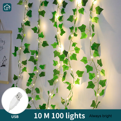 Green Leaf Vine LED Copper Wire Maple Leaf Decorative Lights, Artificial Ivy with LED Copper Wire String Lights, Suitable for Wedding Party, Garden, Outdoor, Green Wall Decoration