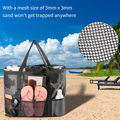 Mesh Beach Bag, 9 Pockets Mesh Beach Bag Lightweight Tote Bag for Toys, Towels, Flip Flops, Vacation/Travel Essentials(Multi-Colored)