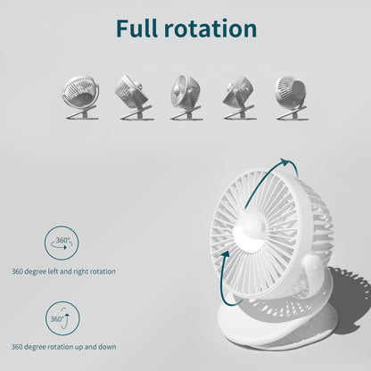 Rechargeable Battery Operated Clip Fan with Night Light, Battery Operated Mini Clip Fan, 3 Speed Portable Cooling Fan, USB Desk Fan, Cart Fan for Home, Office, or Camping Use (White)