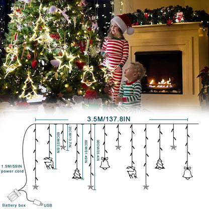 LED Christmas Ornaments Curtain Lights, 138 LED Star Jingle Bell Elk Christmas Tree Window Lights 8 Mode Fairy Curtain String Lights for Home, Bedroom, Wedding Party Decoration, Warm/White Multicolor 2 Color Optional