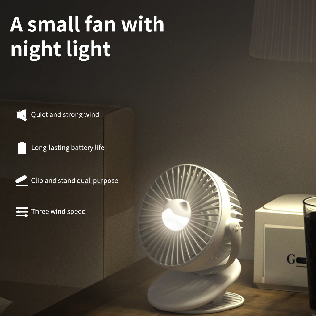 Rechargeable Battery Operated Clip Fan with Night Light, Battery Operated Mini Clip Fan, 3 Speed Portable Cooling Fan, USB Desk Fan, Cart Fan for Home, Office, or Camping Use (White)