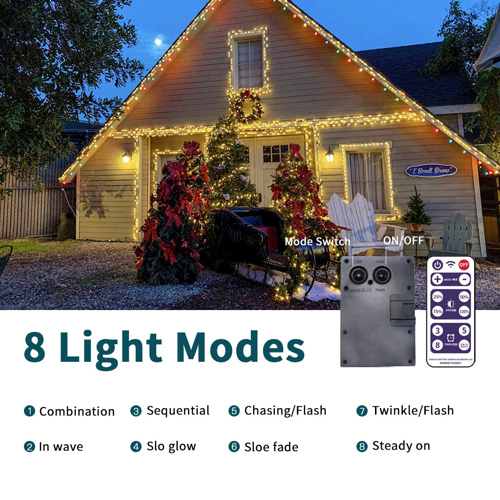 Outdoor Solar String Lights, Led Solar Fairy Lights with 8 Modes. Waterproof Decorative Copper Wire Lights for Patio, Garden, Tree, Christmas, and Wedding Party (Warm White and Multi-color Optional)