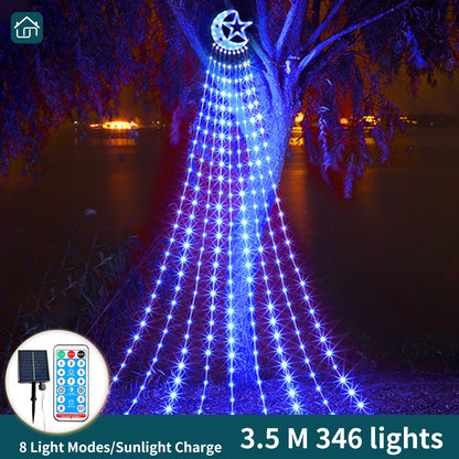 Christmas Outdoor Decorative Lights, LED Symphony Moon Pentagram Waterfall Light String, Suitable for Courtyard, Wedding, Party, Christmas, and other Occasions