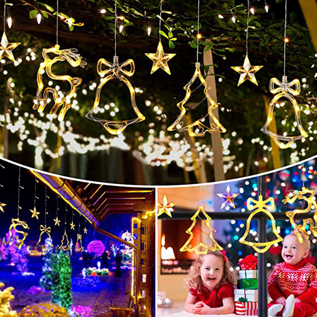 LED Christmas Ornaments Curtain Lights, 138 LED Star Jingle Bell Elk Christmas Tree Window Lights 8 Mode Fairy Curtain String Lights for Home, Bedroom, Wedding Party Decoration, Warm/White Multicolor 2 Color Optional