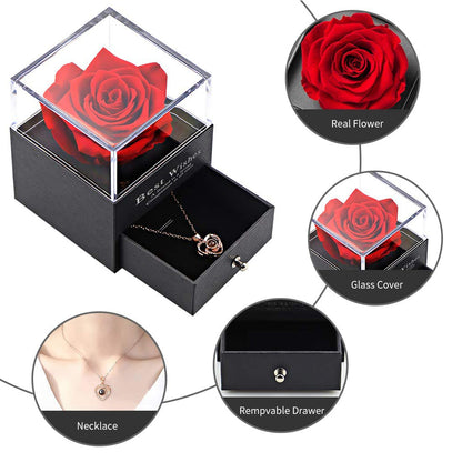 Preserved Real Rose Jewelry Box, Eternal Flowers Rose Gifts for Mom Wife Girlfriend, Perfect Gift for Valentine's Day, Mother's Day, Anniversary, Christmas, or Wedding(Multi-colors Available)